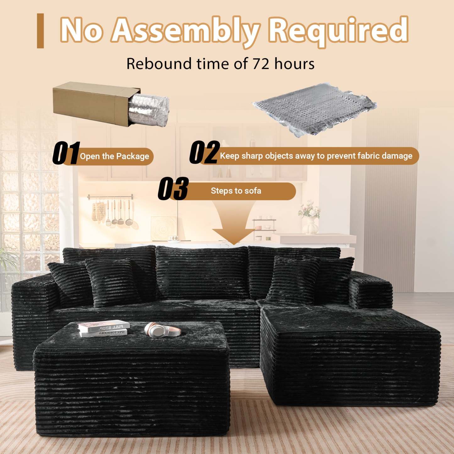 OVthtIOS 108" U-Shape Modular Couch with Ottoman, Plush Corduroy Fabric, No Assembly Required