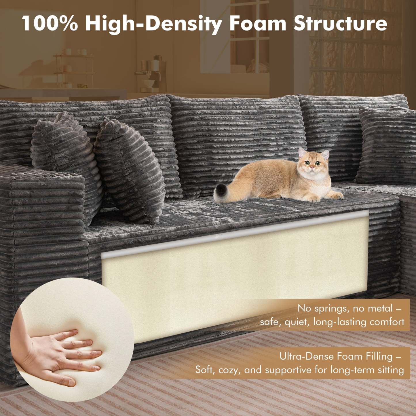 OVthtIOS 104" L-Shape Modular Couch with Chaise, Plush Corduroy Fabric, No Assembly Required