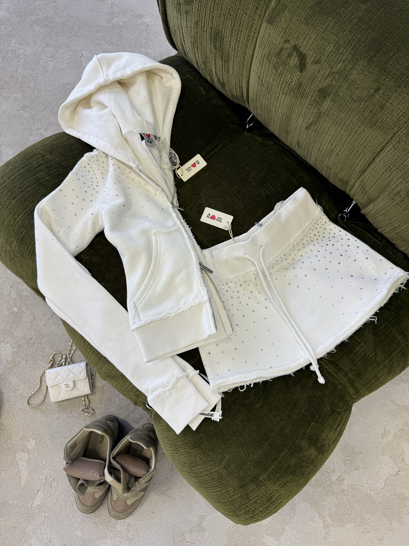 Rhinestone White Fitted Zip Hoodie