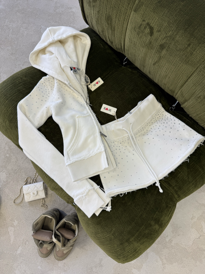 Rhinestone White Fitted Zip Hoodie