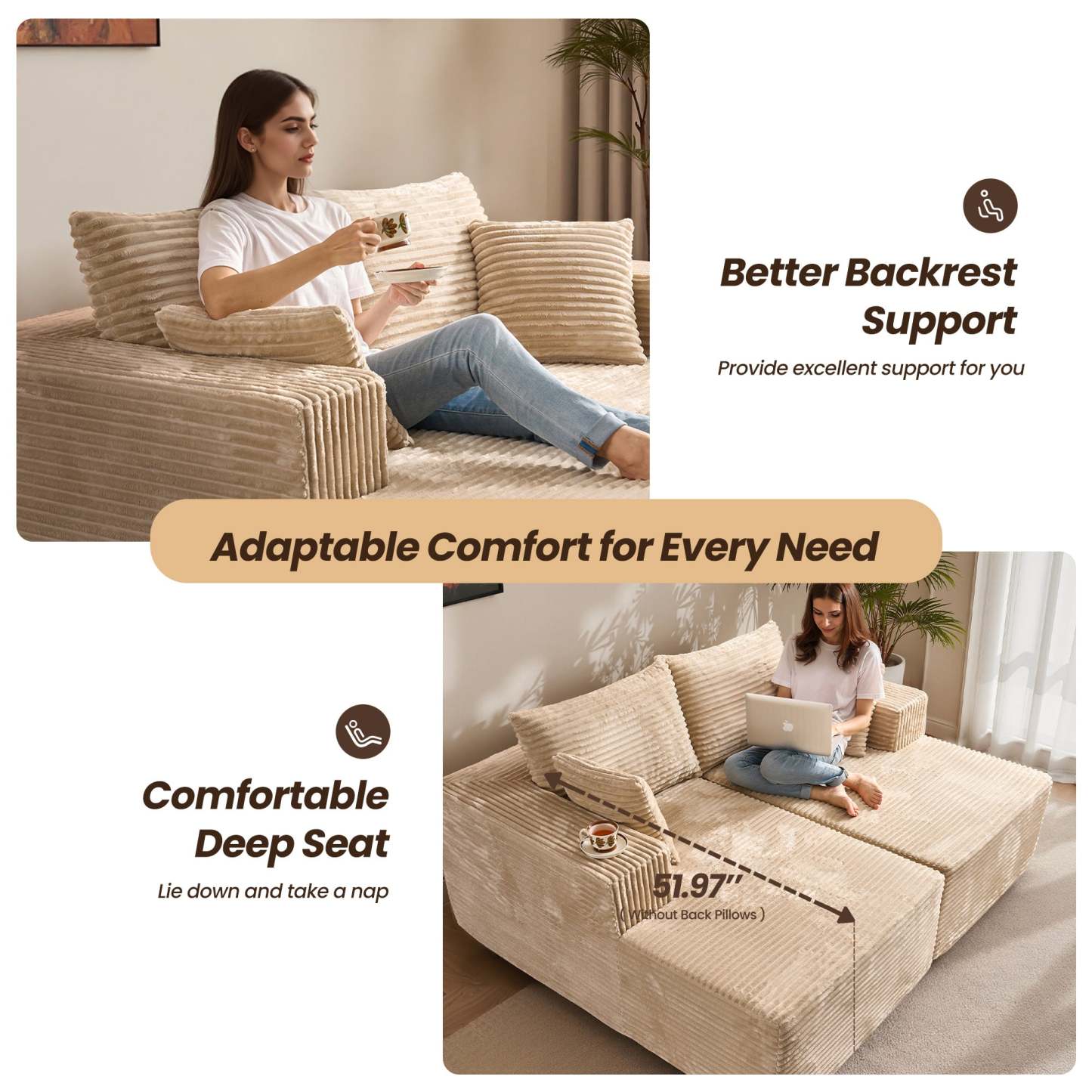 OVIthtOS 81" Boneless Sofa, Sleeper Couch, No Assembly Required