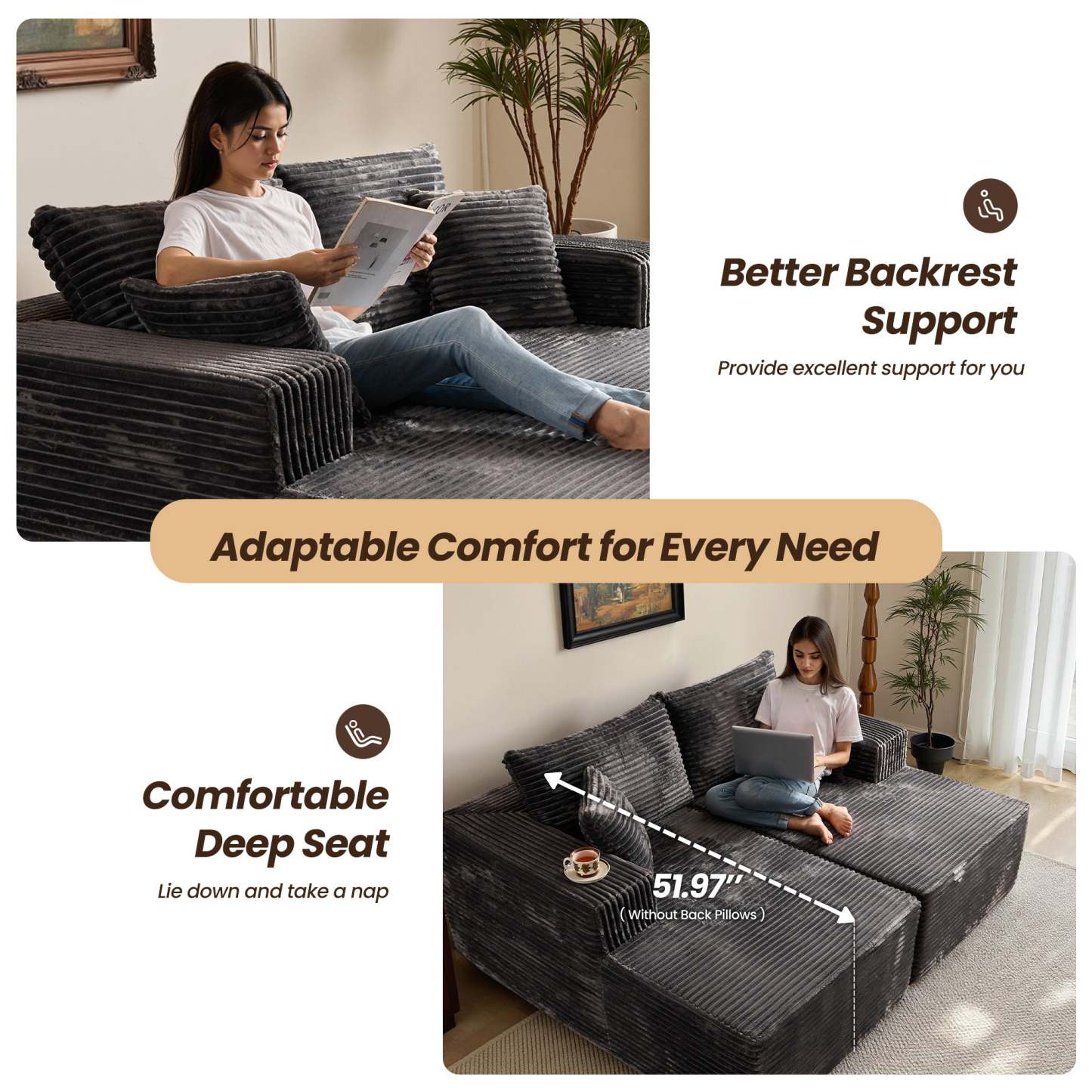 OVIthtOS 81" Boneless Sofa, Sleeper Couch, No Assembly Required