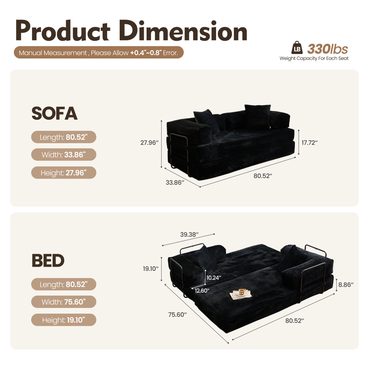 Ovthtios 80" Convertible Modular Sofa Bed
