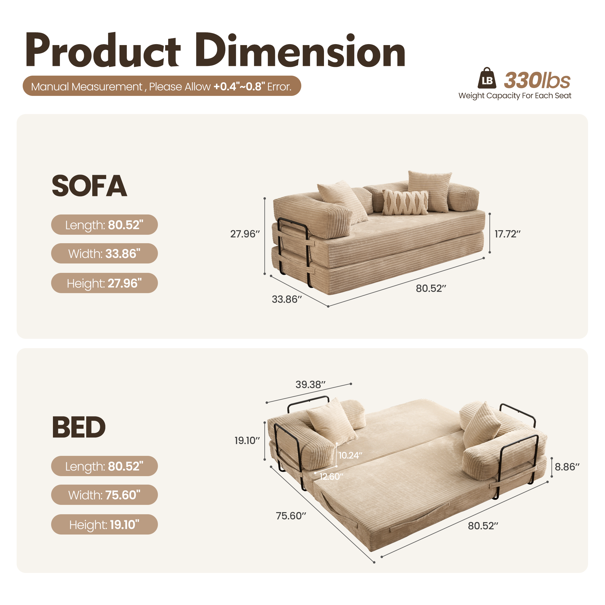 Ovthtios 80" Convertible Modular Sofa Bed