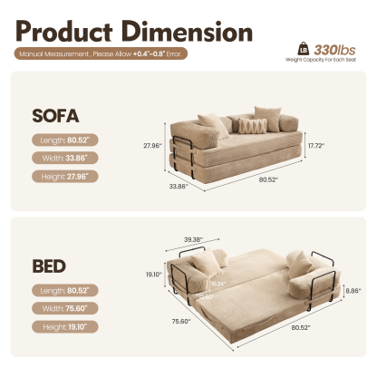 Ovthtios 80" Convertible Modular Sofa Bed