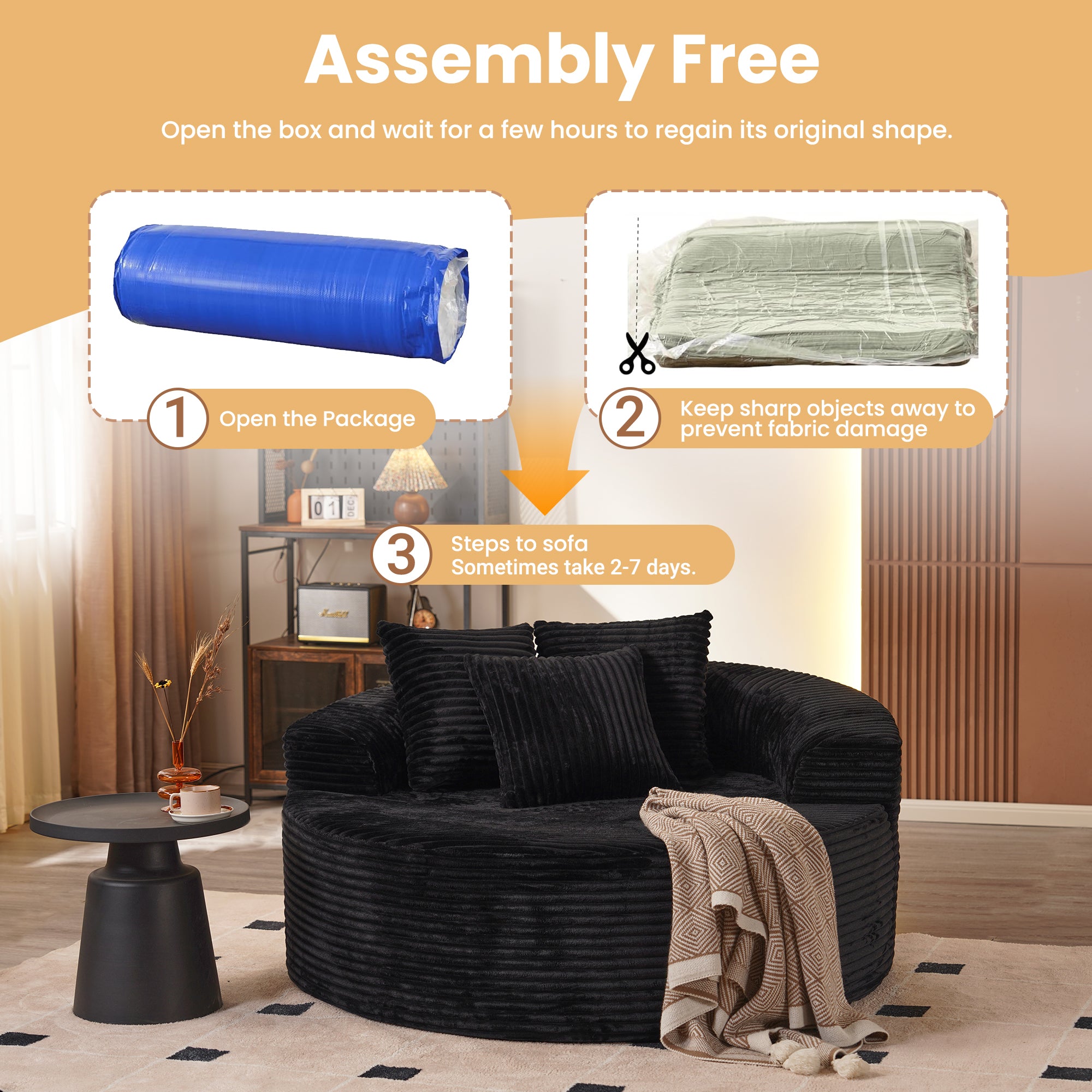 OVthtIOS 59" O-Shape Modular Couch, Plush Corduroy Fabric, No Assembly Required