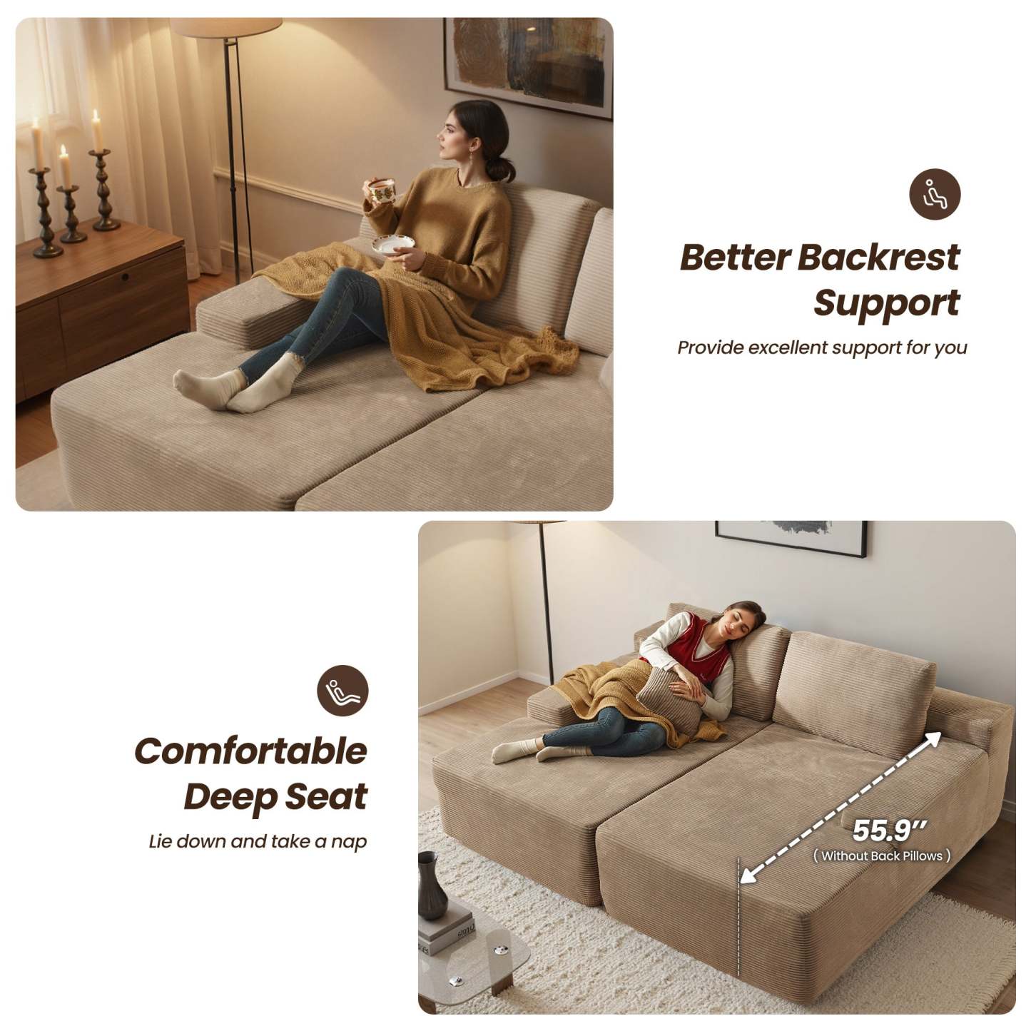 OVIthtOS 81" Boneless Sofa, Sleeper Couch, No Assembly Required