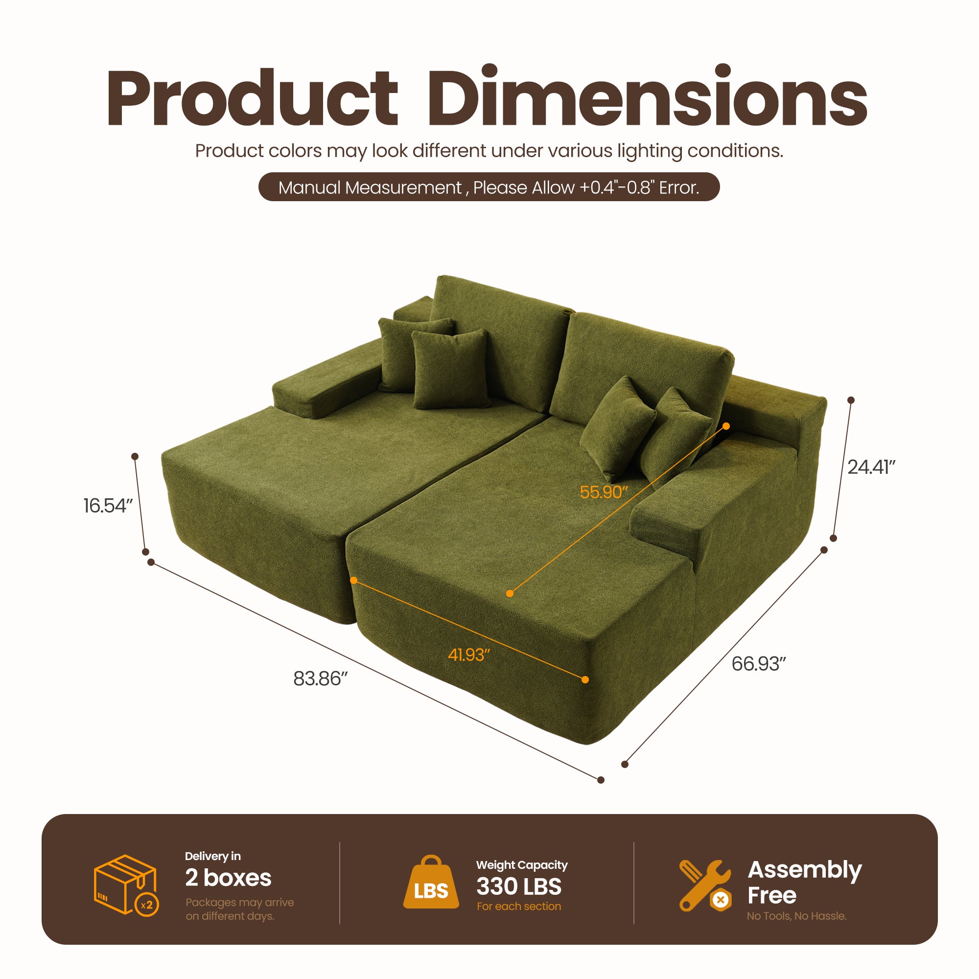 OVIthtOS 81" Boneless Sofa, Sleeper Couch, No Assembly Required