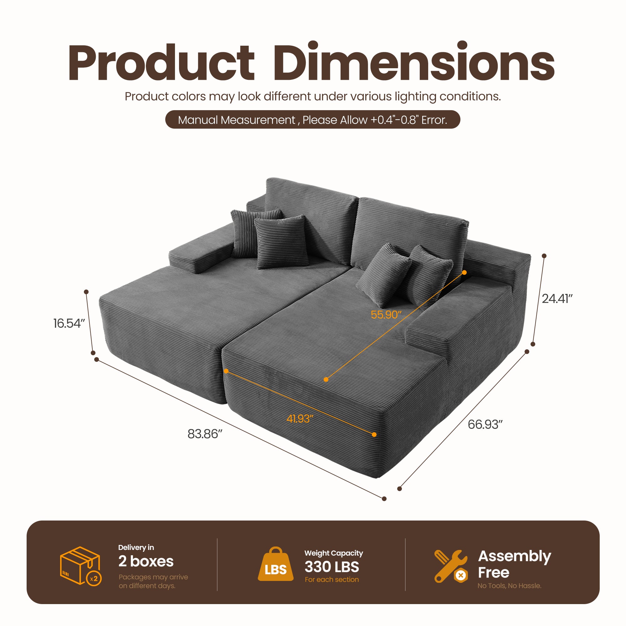 OVIthtOS 81" Boneless Sofa, Sleeper Couch, No Assembly Required