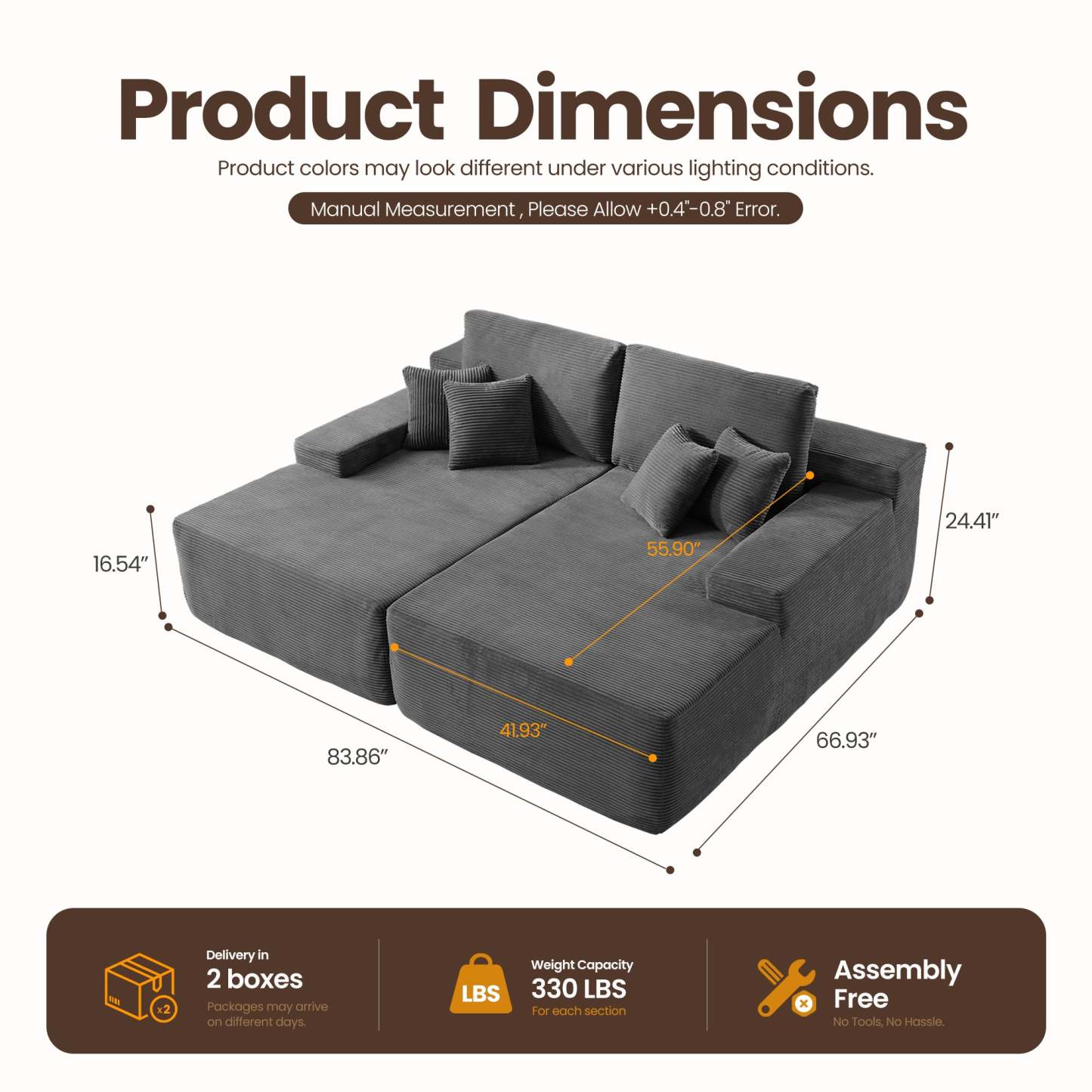 OVIthtOS 81" Boneless Sofa, Sleeper Couch, No Assembly Required