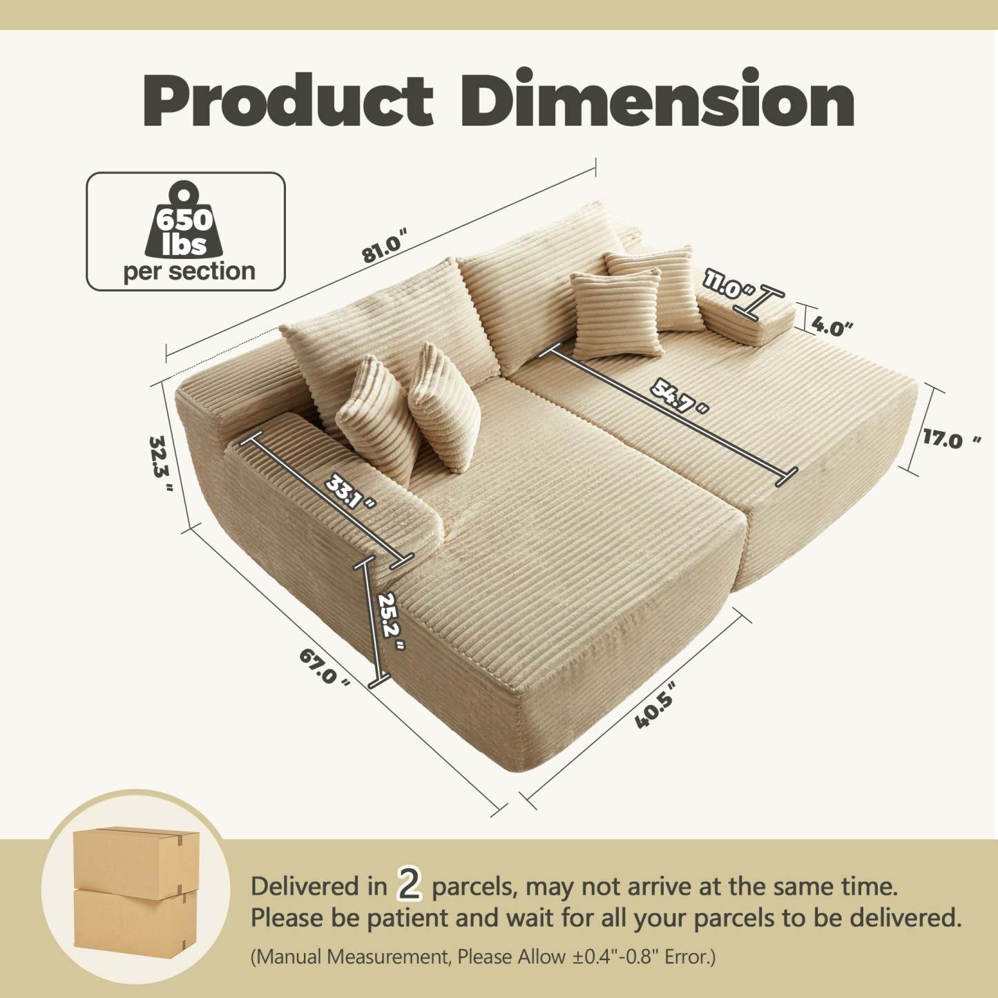 OVIthtOS 81" Boneless Sofa, Sleeper Couch, No Assembly Required