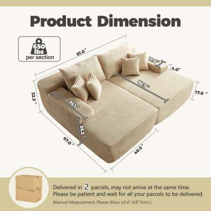 OVIthtOS 81" Boneless Sofa, Sleeper Couch, No Assembly Required