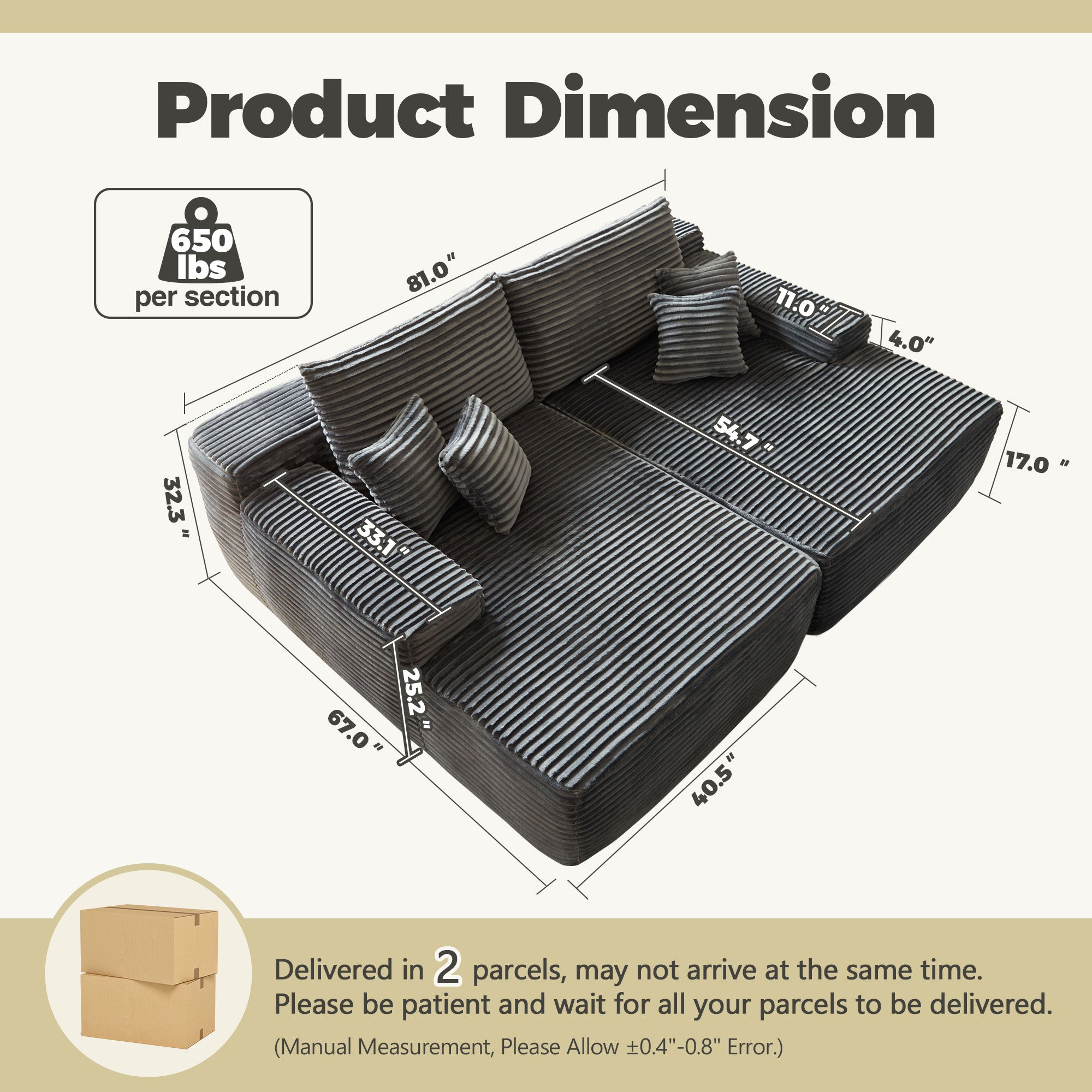 OVIthtOS 81" Boneless Sofa, Sleeper Couch, No Assembly Required