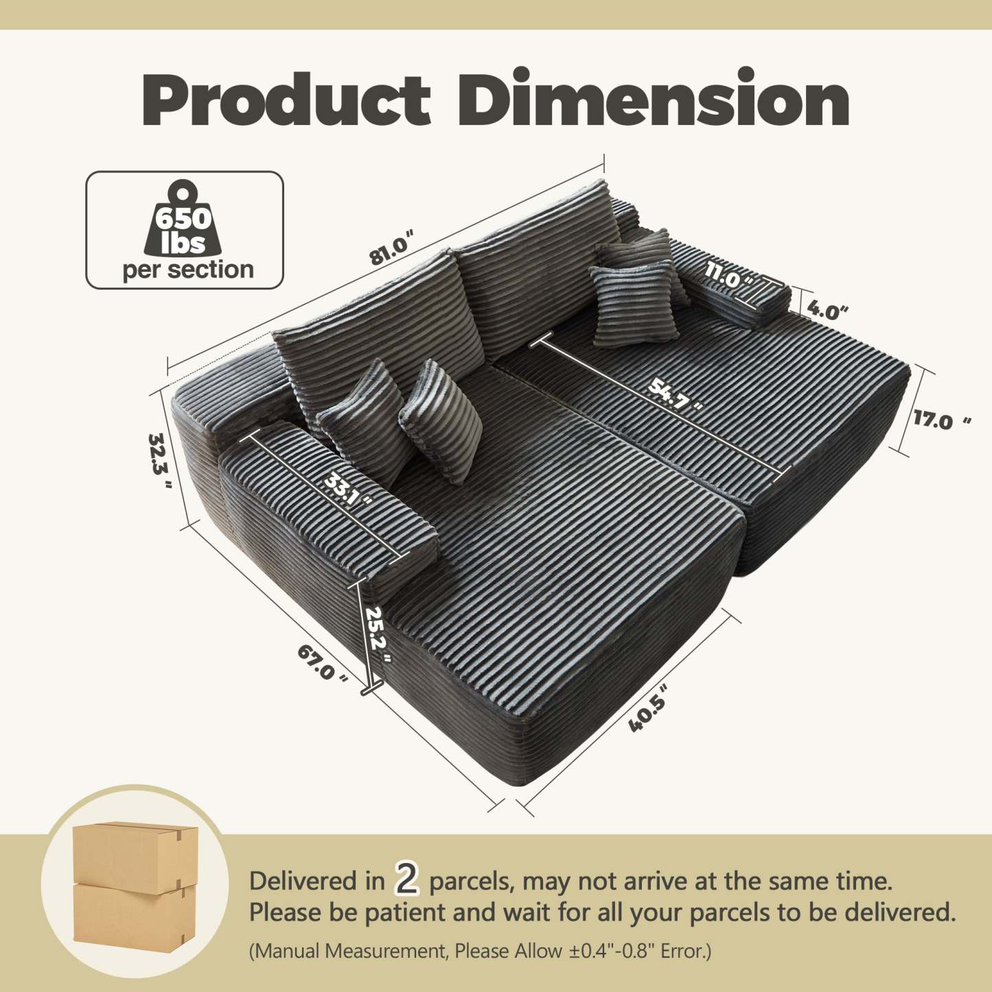 OVIthtOS 81" Boneless Sofa, Sleeper Couch, No Assembly Required