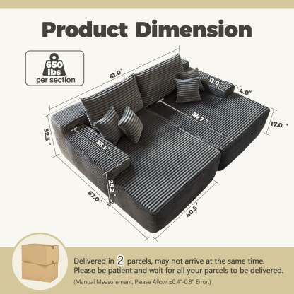 OVIthtOS 81" Boneless Sofa, Sleeper Couch, No Assembly Required