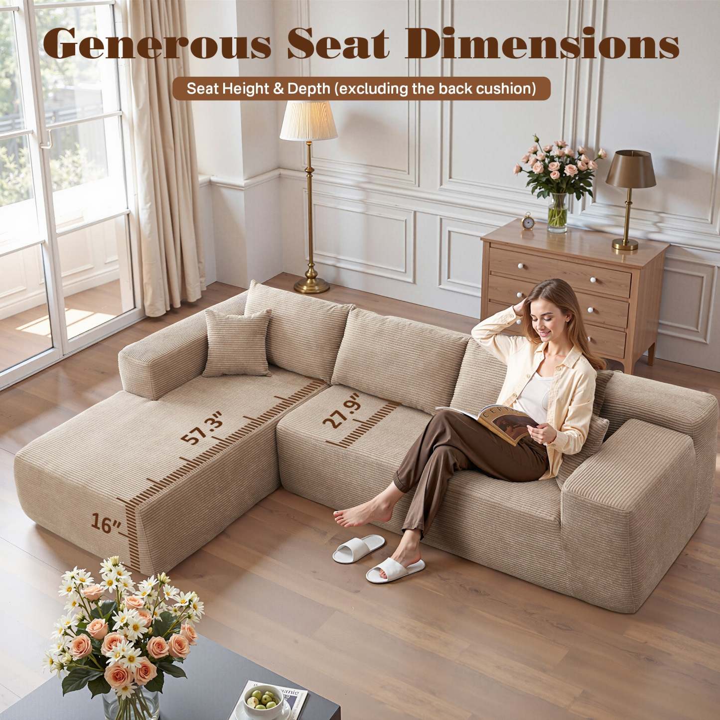 OVthtIOS 104" L-Shape Modular Couch with Chaise, Plush Corduroy Fabric, No Assembly Required