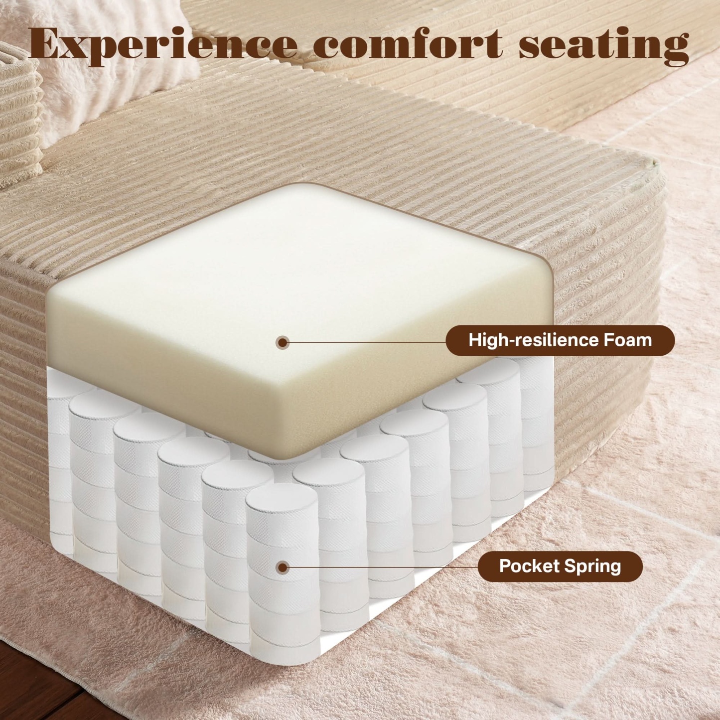 OVthtIOS 104" L-Shape Modular Couch with Chaise, Plush Corduroy Fabric, No Assembly Required