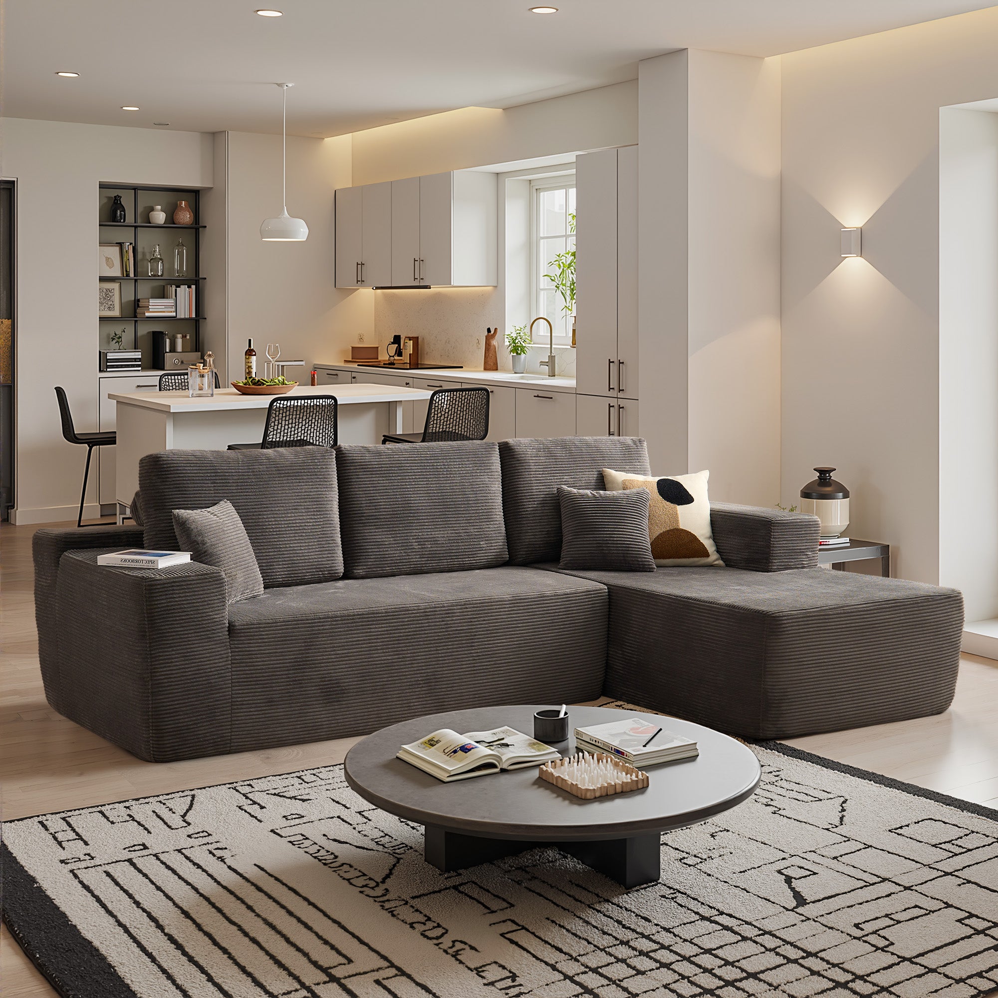 OVthtIOS 104" L-Shape Modular Couch with Chaise, Plush Corduroy Fabric, No Assembly Required