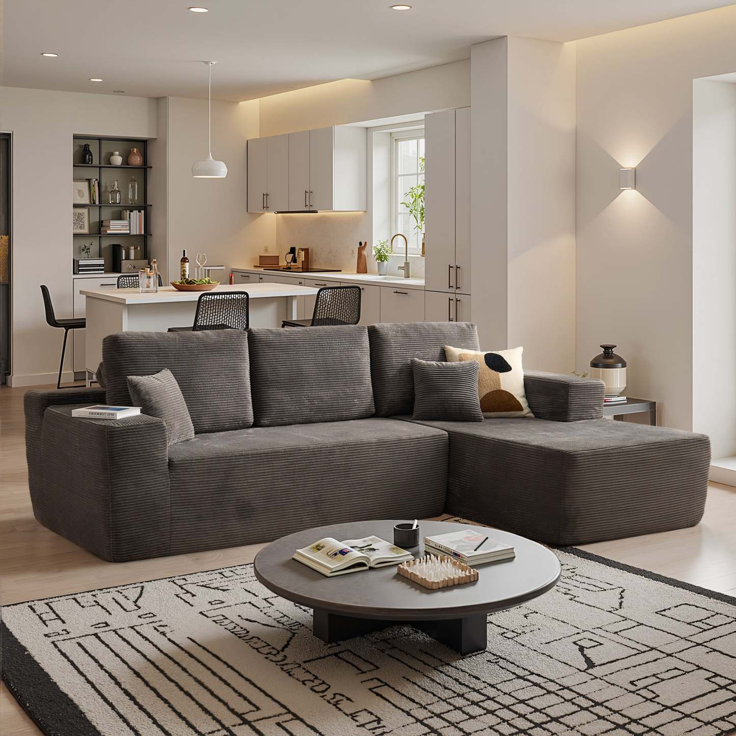 OVthtIOS 104" L-Shape Modular Couch with Chaise, Plush Corduroy Fabric, No Assembly Required