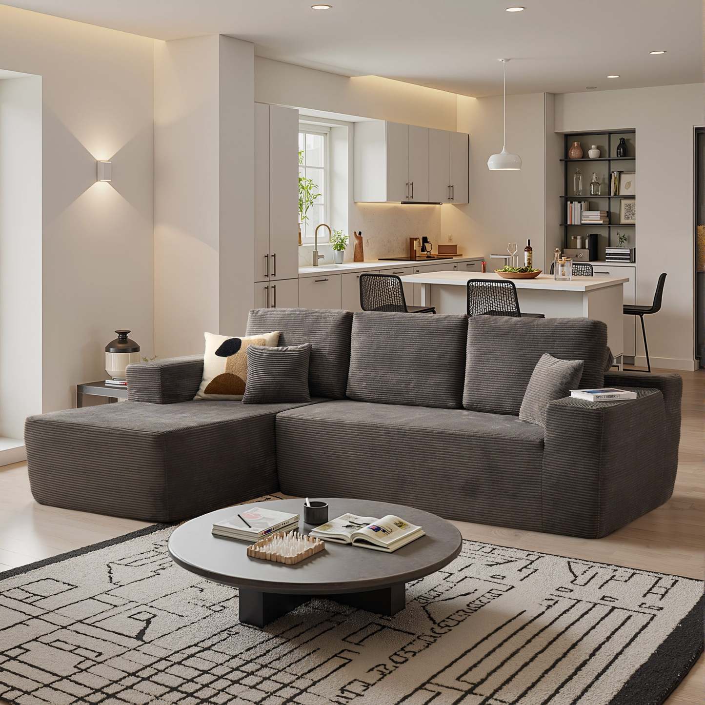 OVthtIOS 104" L-Shape Modular Couch with Chaise, Plush Corduroy Fabric, No Assembly Required