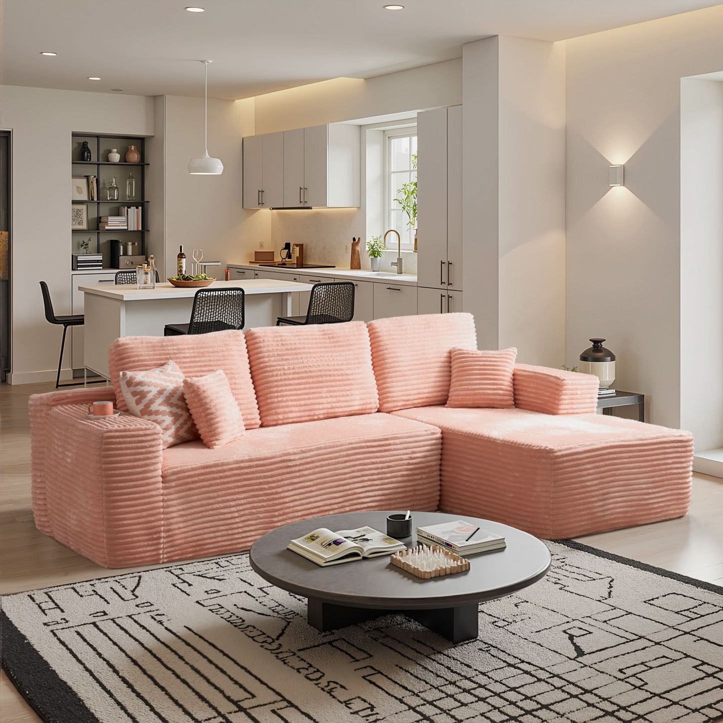 OVthtIOS 104" L-Shape Modular Couch with Chaise, Plush Corduroy Fabric, No Assembly Required