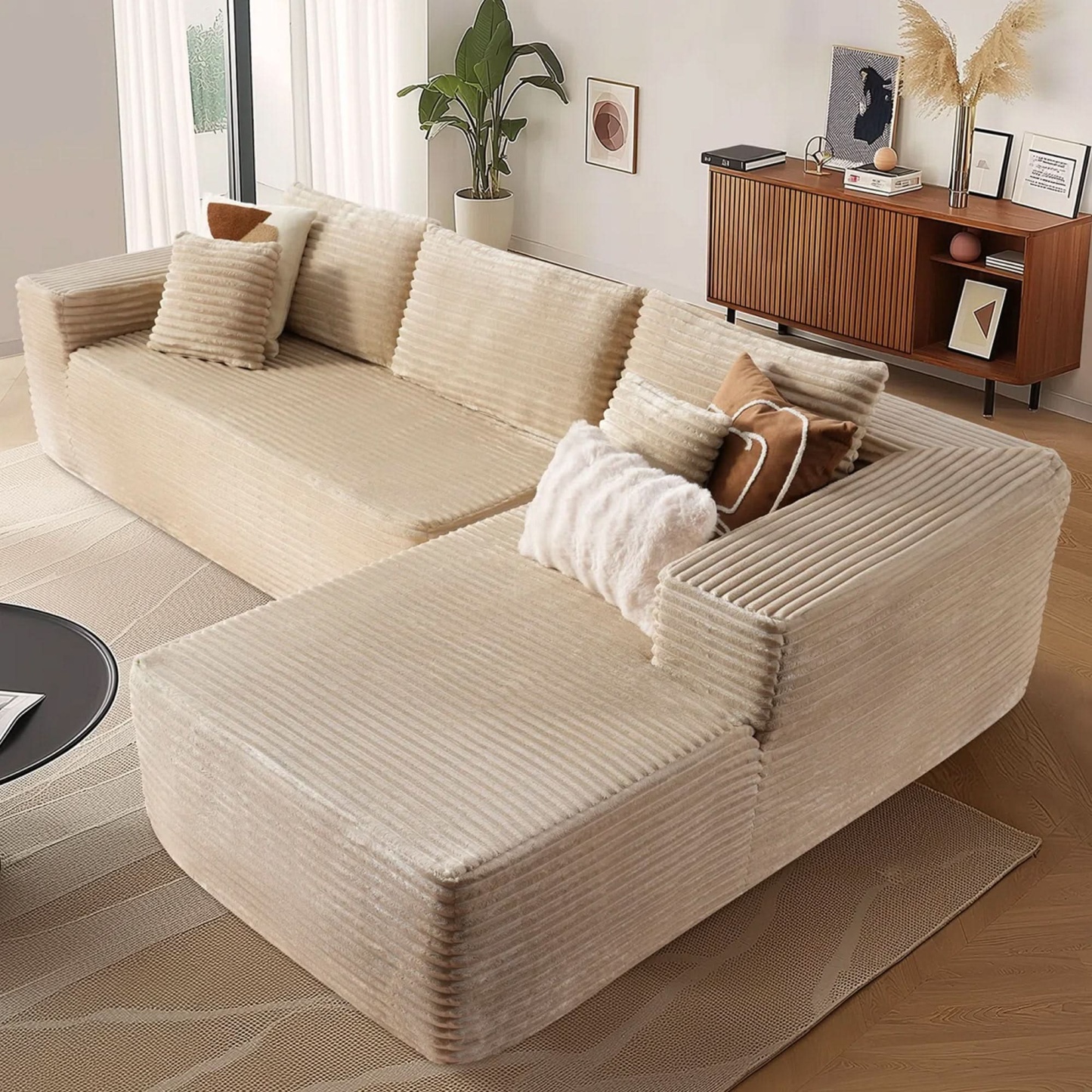 OVthtIOS 104" L-Shape Modular Couch with Chaise, Plush Corduroy Fabric, No Assembly Required