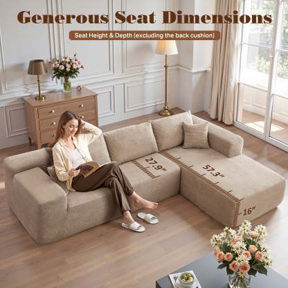 OVthtIOS 104" L-Shape Modular Couch with Chaise, Plush Corduroy Fabric, No Assembly Required