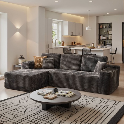 OVthtIOS 104" L-Shape Modular Couch with Chaise, Plush Corduroy Fabric, No Assembly Required