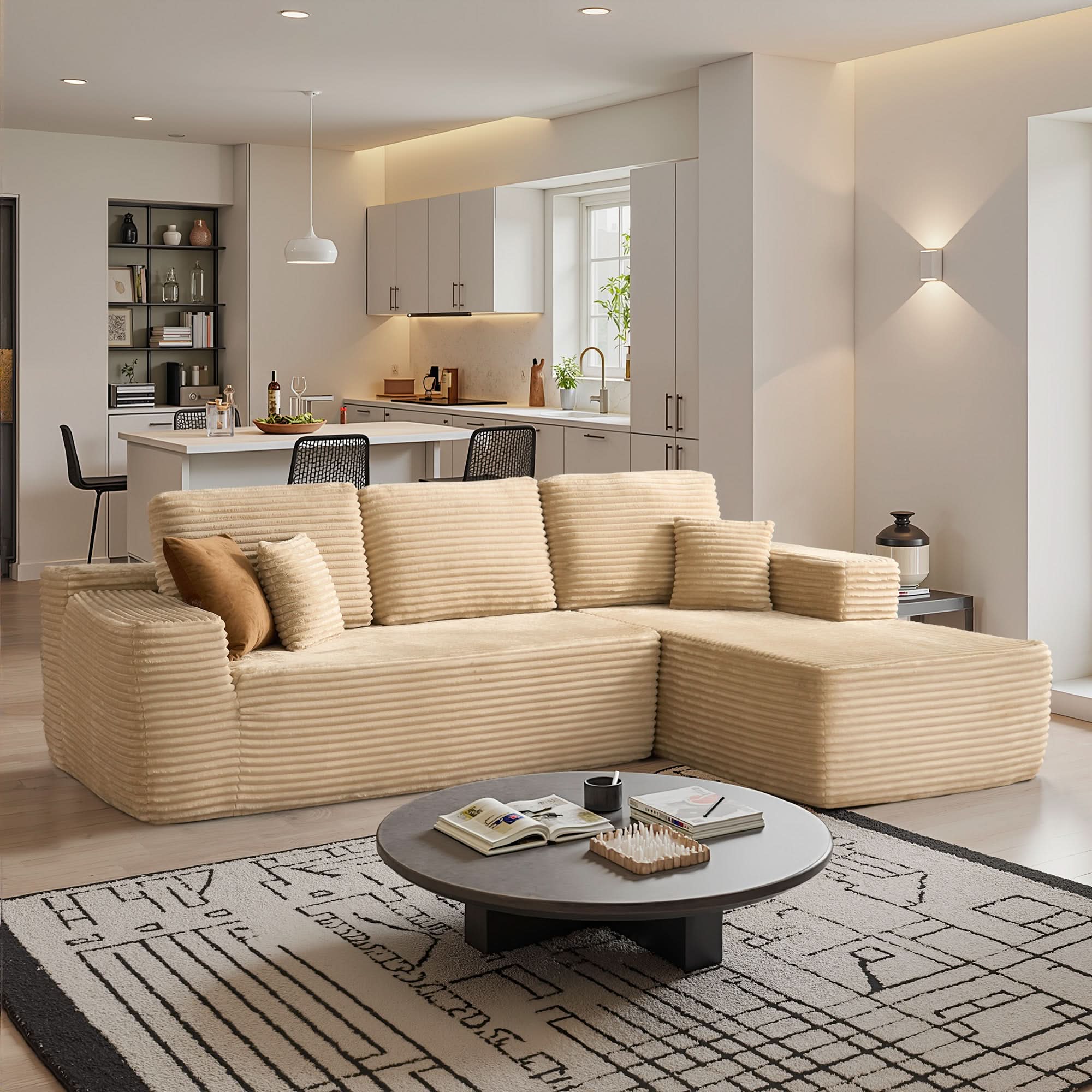 OVthtIOS 104" L-Shape Modular Couch with Chaise, Plush Corduroy Fabric, No Assembly Required