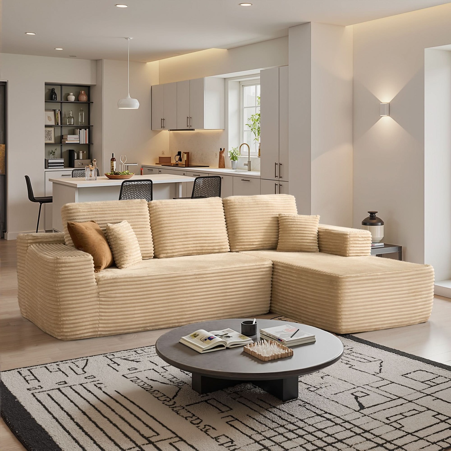 OVthtIOS 104" L-Shape Modular Couch with Chaise, Plush Corduroy Fabric, No Assembly Required