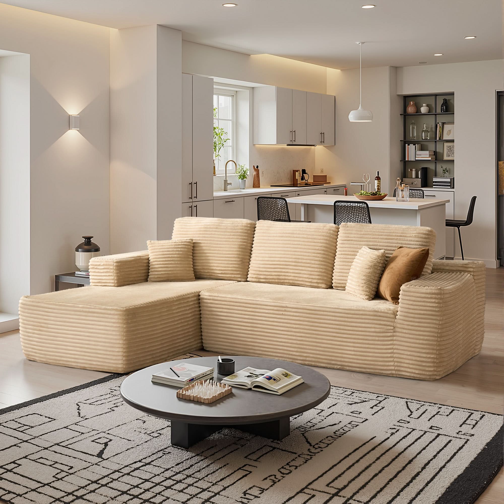 OVthtIOS 104" L-Shape Modular Couch with Chaise, Plush Corduroy Fabric, No Assembly Required