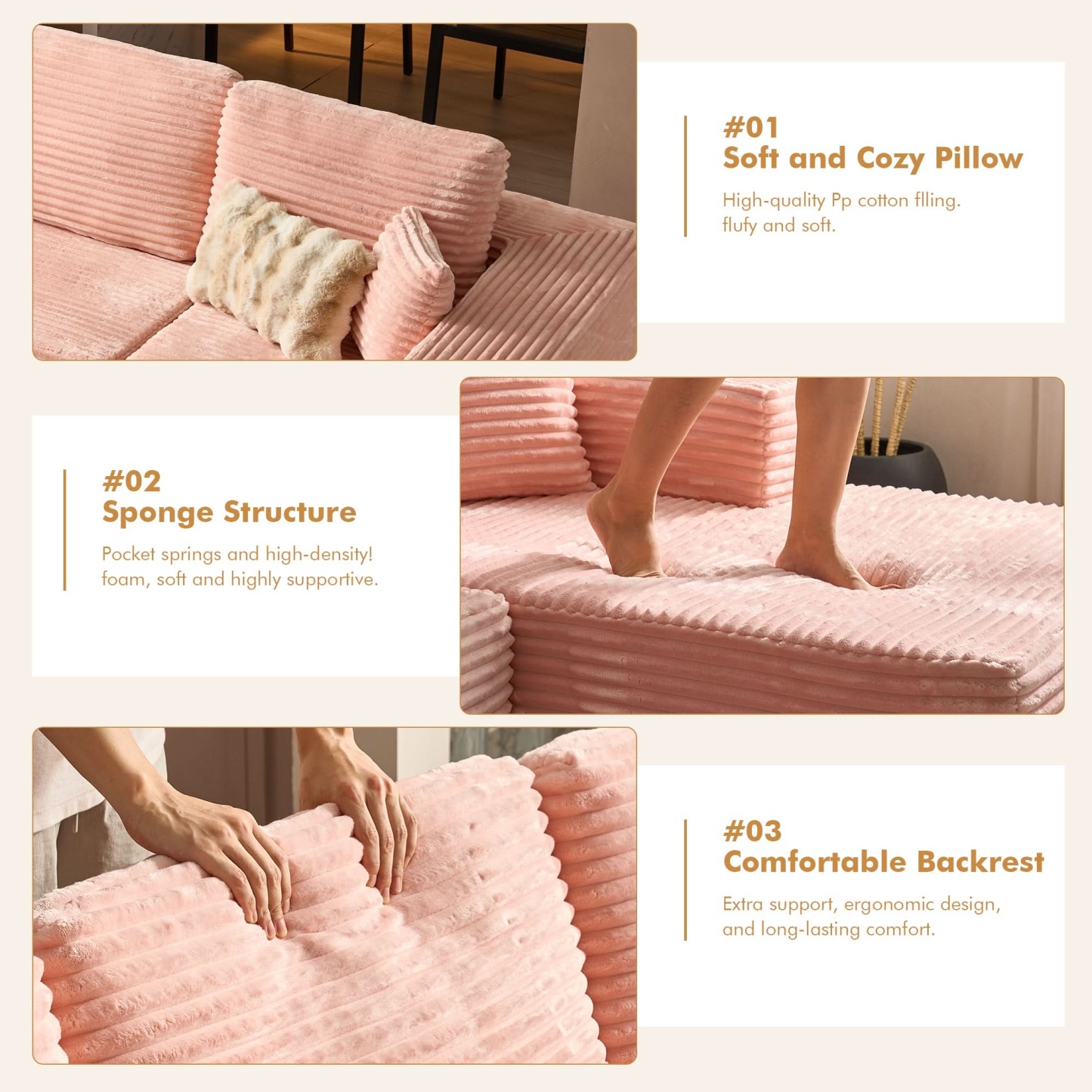 OVthtIOS 104" L-Shape Modular Couch with Chaise, Plush Corduroy Fabric, No Assembly Required