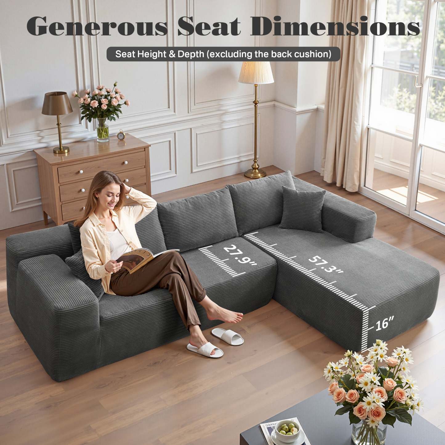 OVthtIOS 104" L-Shape Modular Couch with Chaise, Plush Corduroy Fabric, No Assembly Required