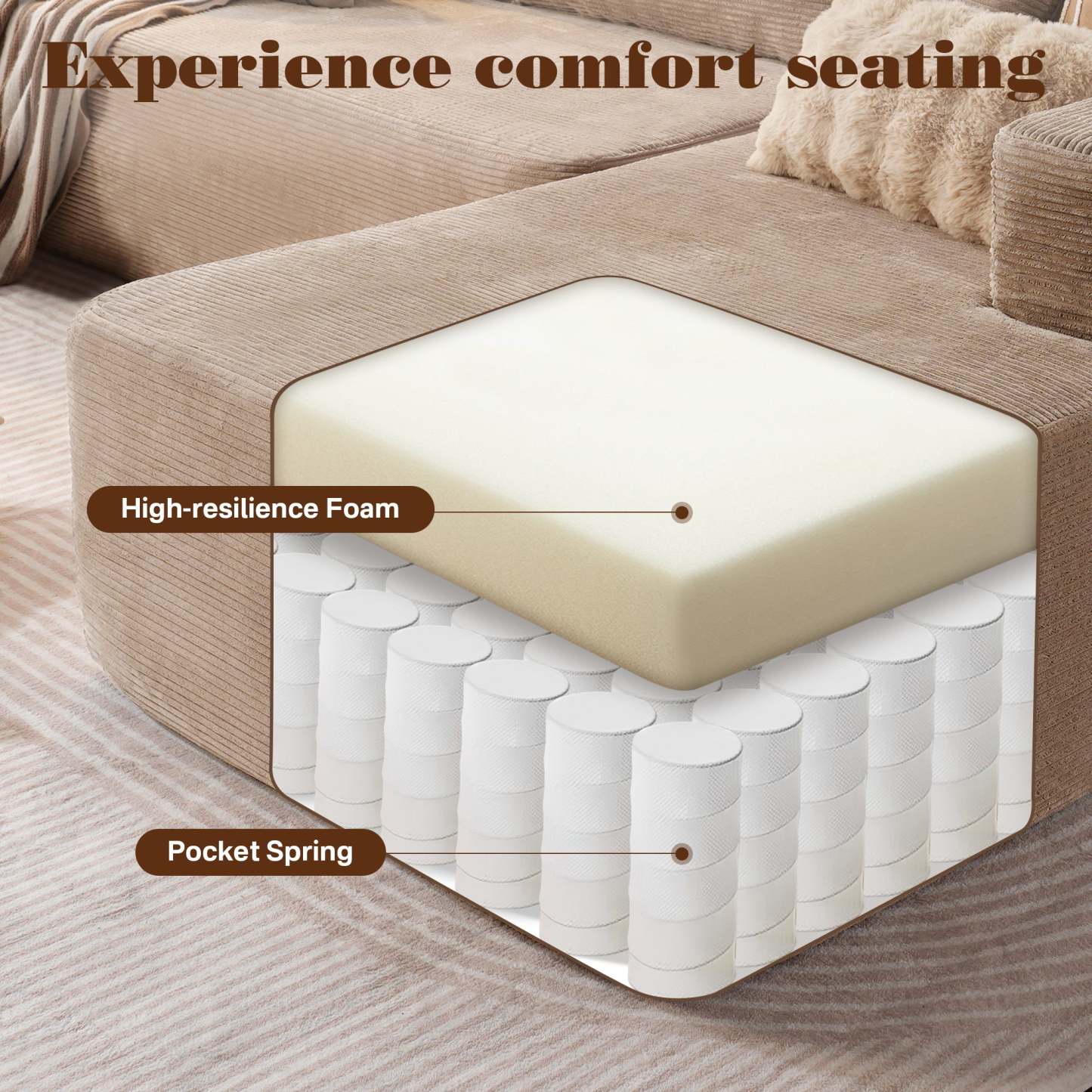 OVthtIOS 104" L-Shape Modular Couch with Chaise, Plush Corduroy Fabric, No Assembly Required