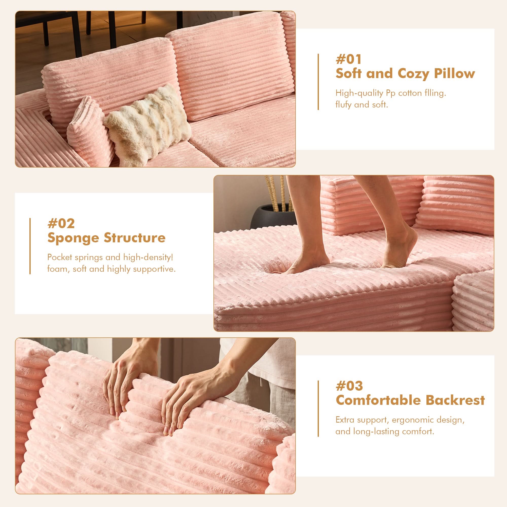 OVthtIOS 104" L-Shape Modular Couch with Chaise, Plush Corduroy Fabric, No Assembly Required