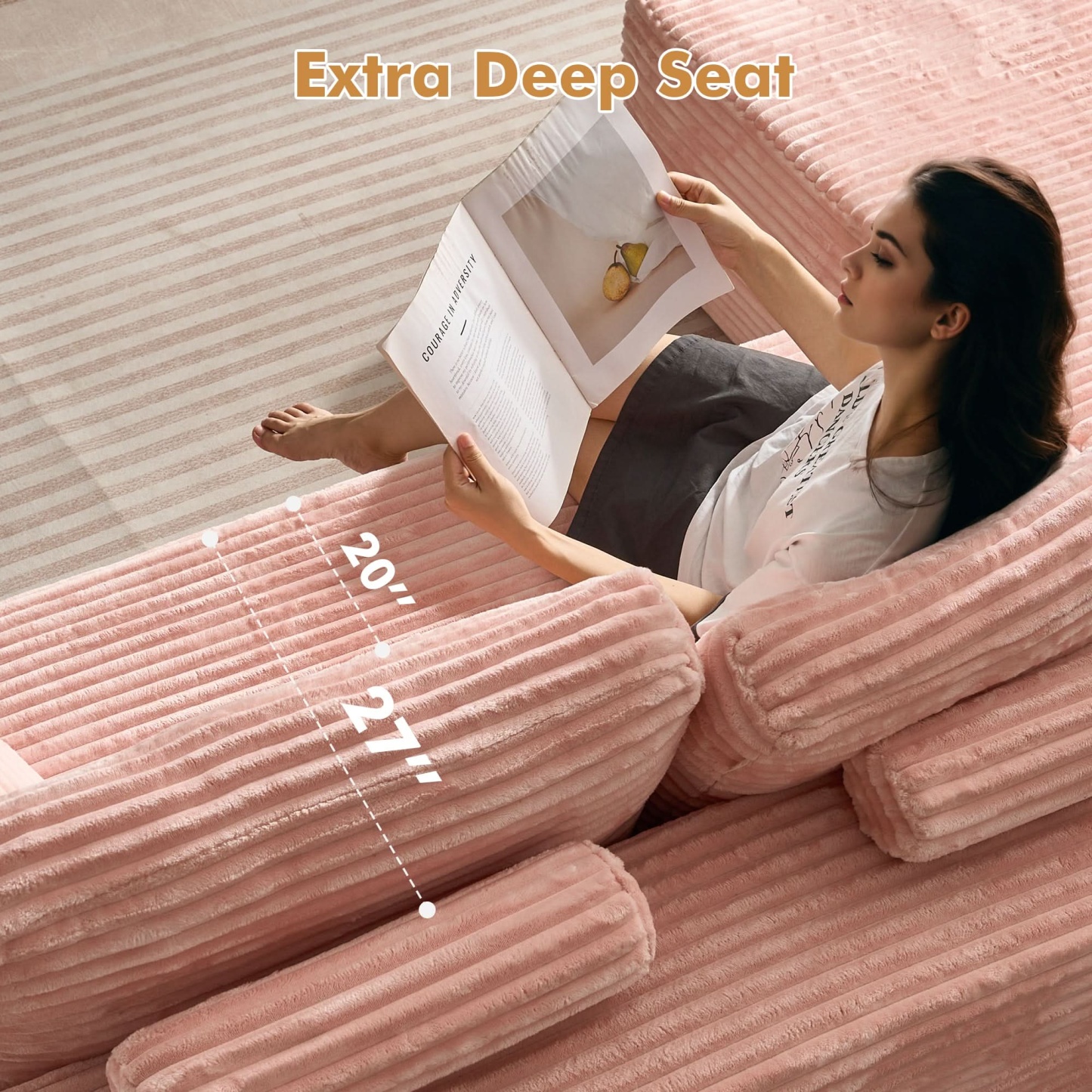 OVthtIOS 104" L-Shape Modular Couch with Chaise, Plush Corduroy Fabric, No Assembly Required