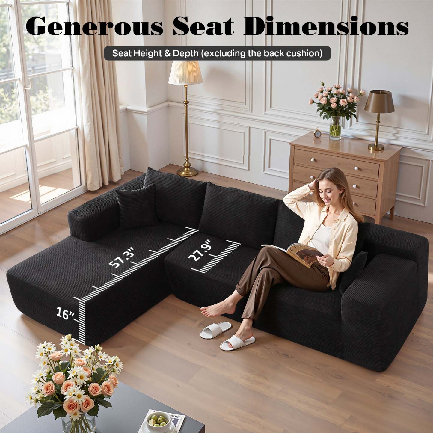 OVthtIOS 104" L-Shape Modular Couch with Chaise, Plush Corduroy Fabric, No Assembly Required