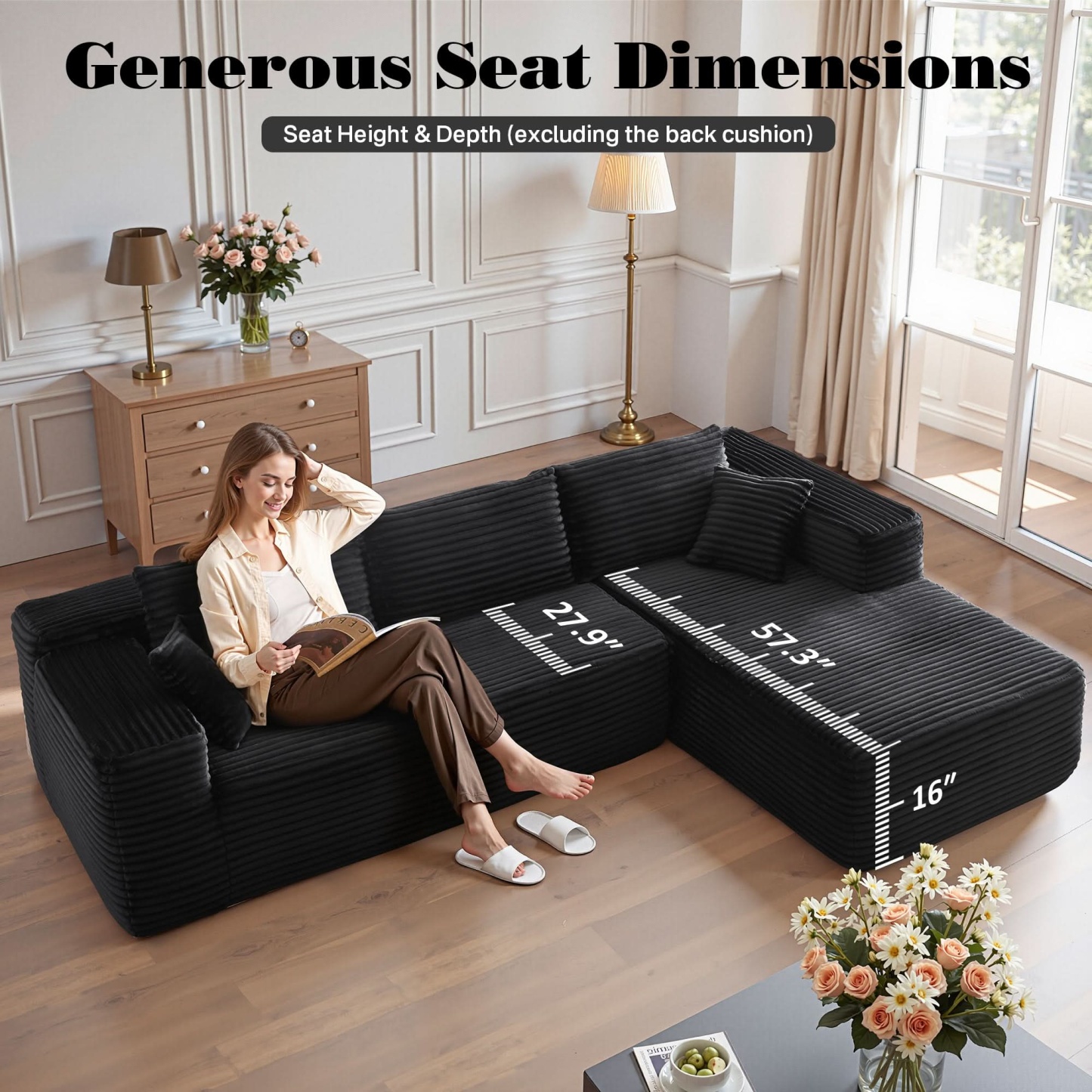 OVthtIOS 104" L-Shape Modular Couch with Chaise, Plush Corduroy Fabric, No Assembly Required