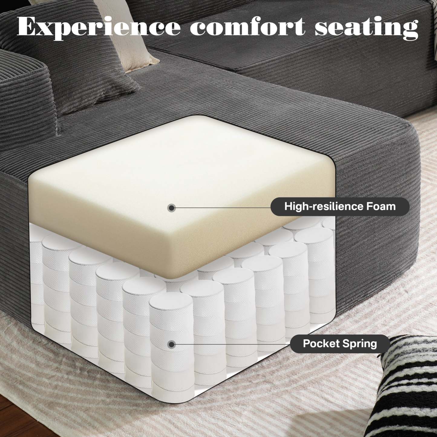 OVthtIOS 104" L-Shape Modular Couch with Chaise, Plush Corduroy Fabric, No Assembly Required