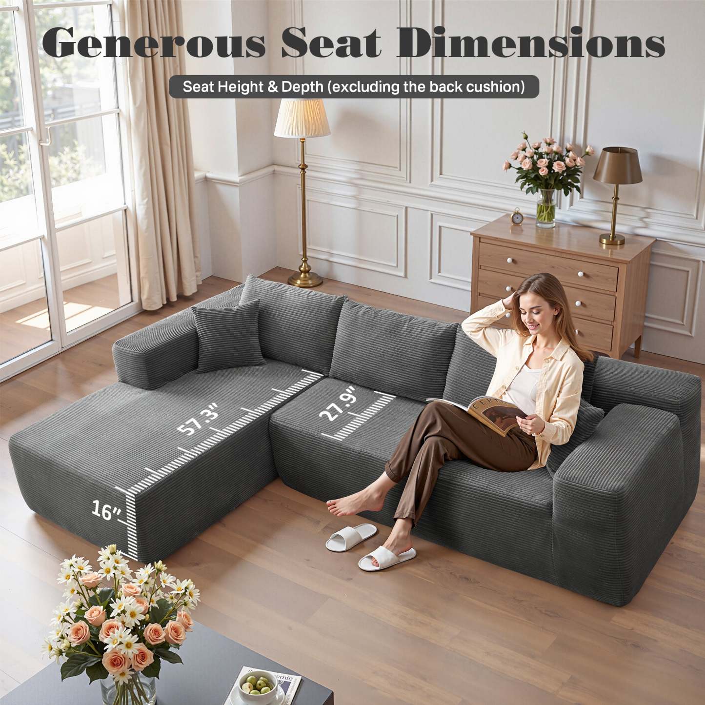 OVthtIOS 104" L-Shape Modular Couch with Chaise, Plush Corduroy Fabric, No Assembly Required