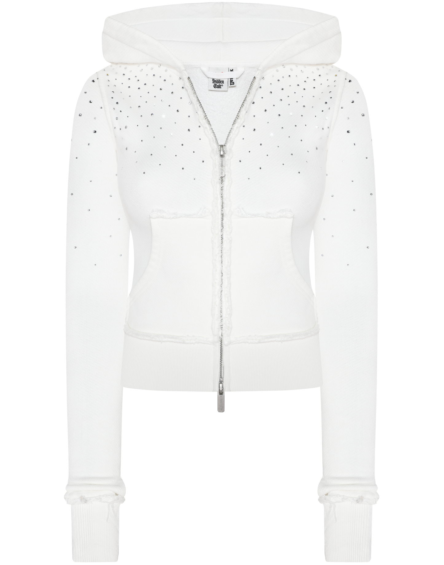 Rhinestone White Fitted Zip Hoodie
