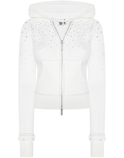 Rhinestone White Fitted Zip Hoodie