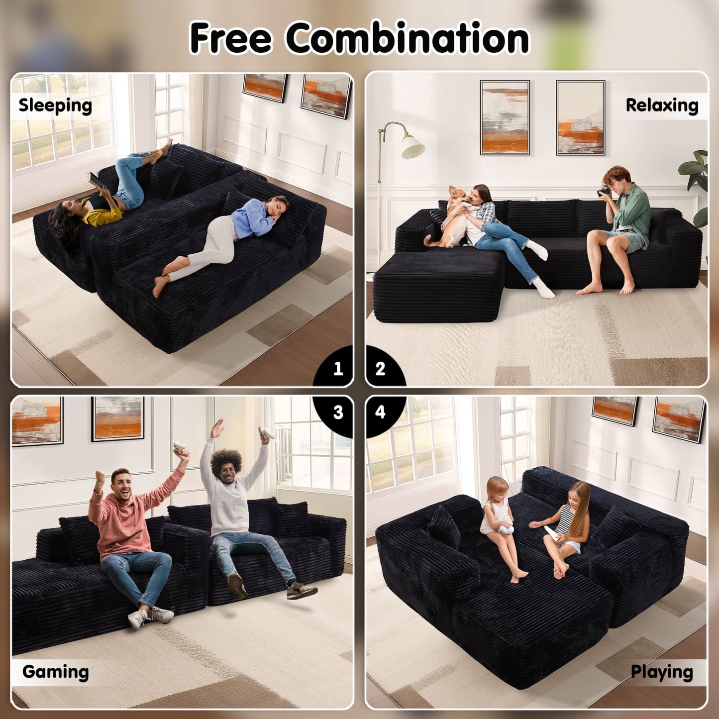 OVthtIOS 104" L-Shape Modular Couch with Chaise, Plush Corduroy Fabric, No Assembly Required