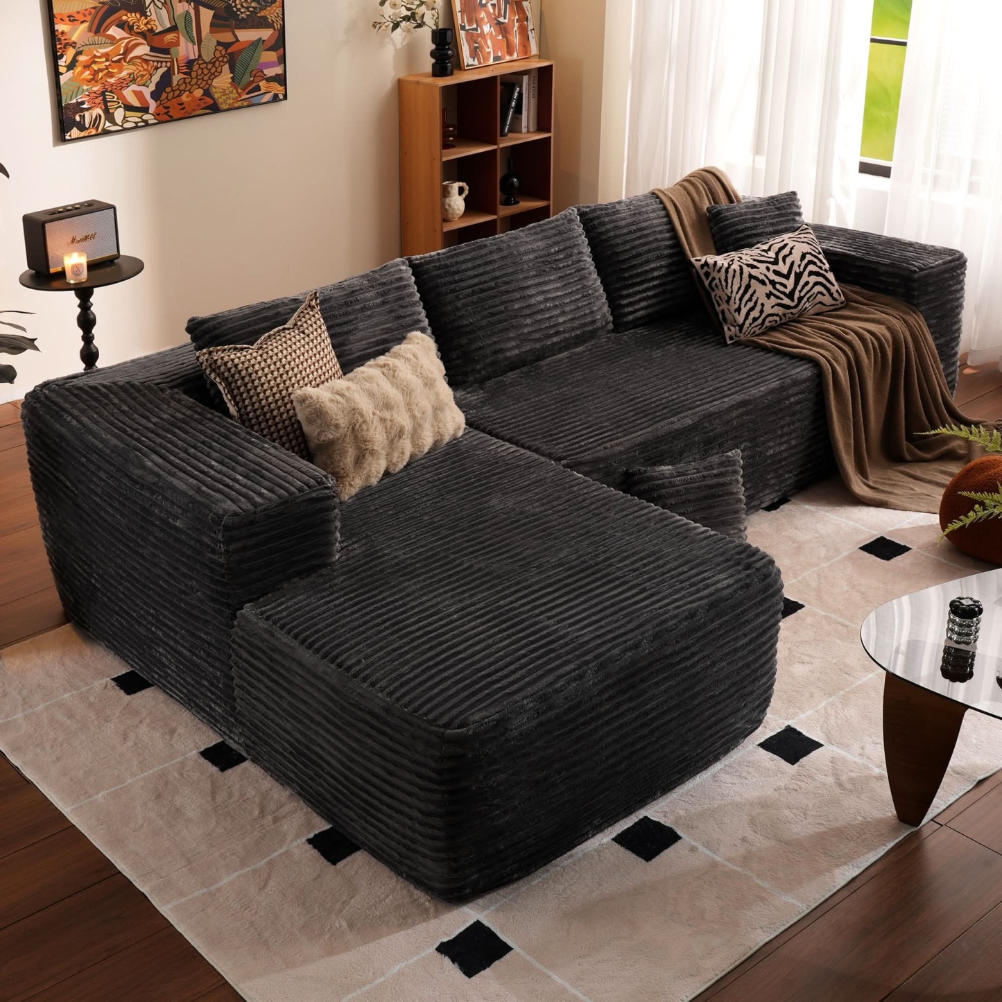 OVthtIOS 104" L-Shape Modular Couch with Chaise, Plush Corduroy Fabric, No Assembly Required