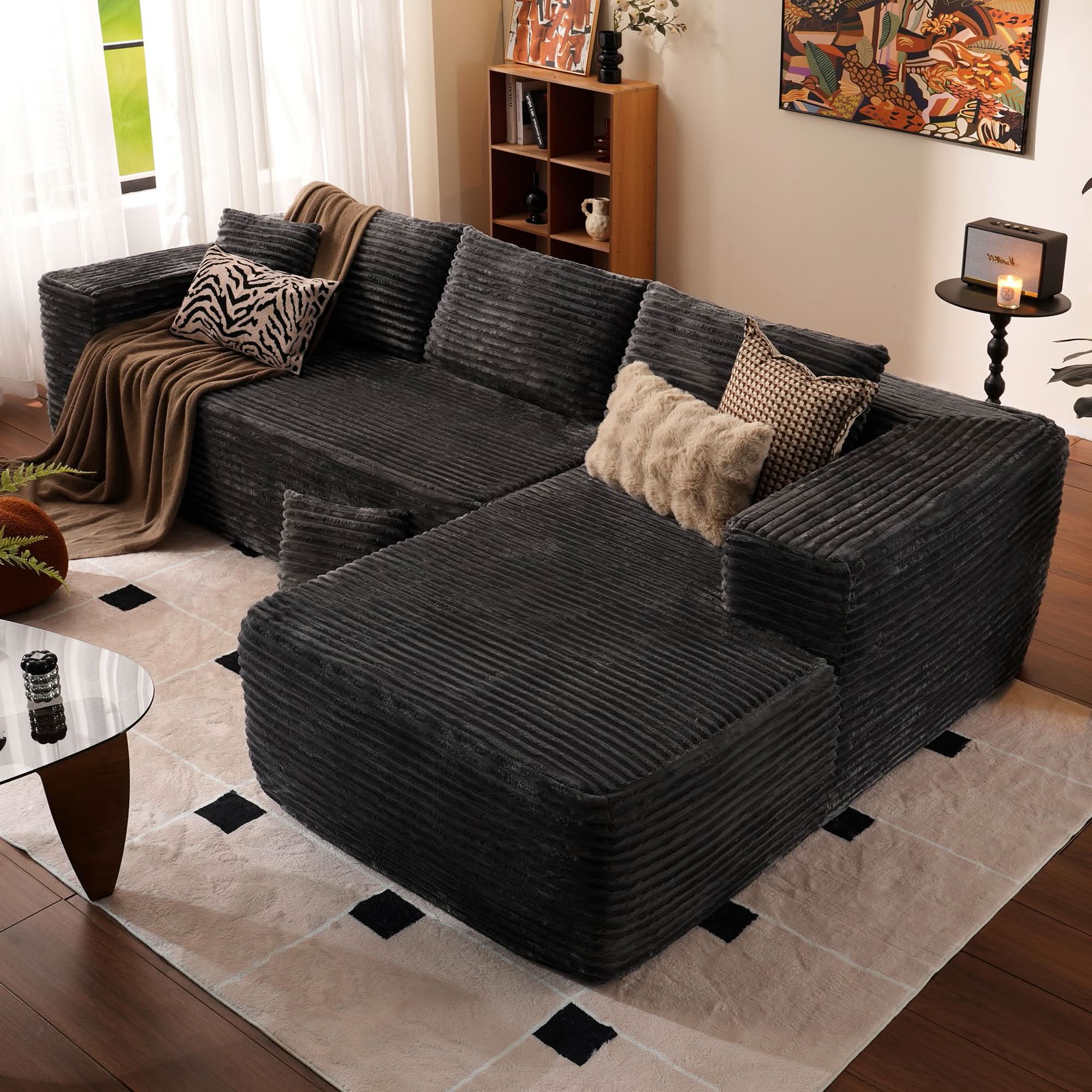 OVthtIOS 104" L-Shape Modular Couch with Chaise, Plush Corduroy Fabric, No Assembly Required