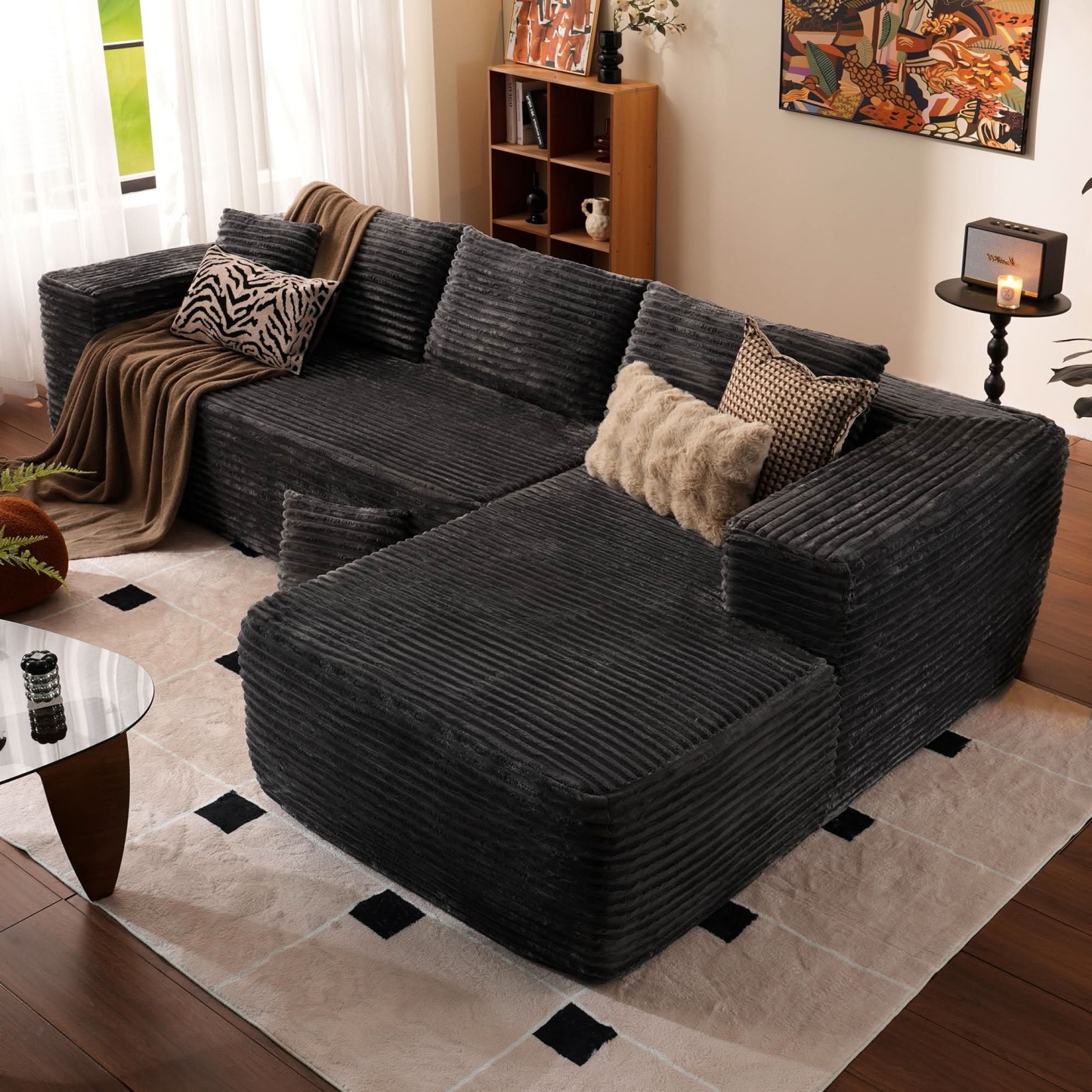 OVthtIOS 104" L-Shape Modular Couch with Chaise, Plush Corduroy Fabric, No Assembly Required