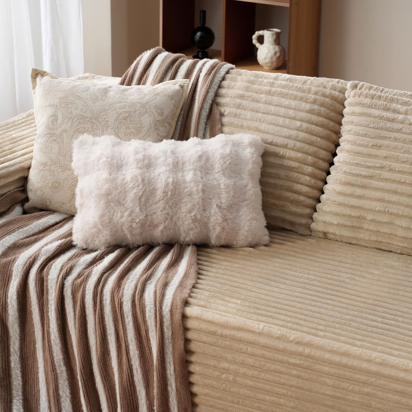 OVthtIOS 104" L-Shape Modular Couch with Chaise, Plush Corduroy Fabric, No Assembly Required