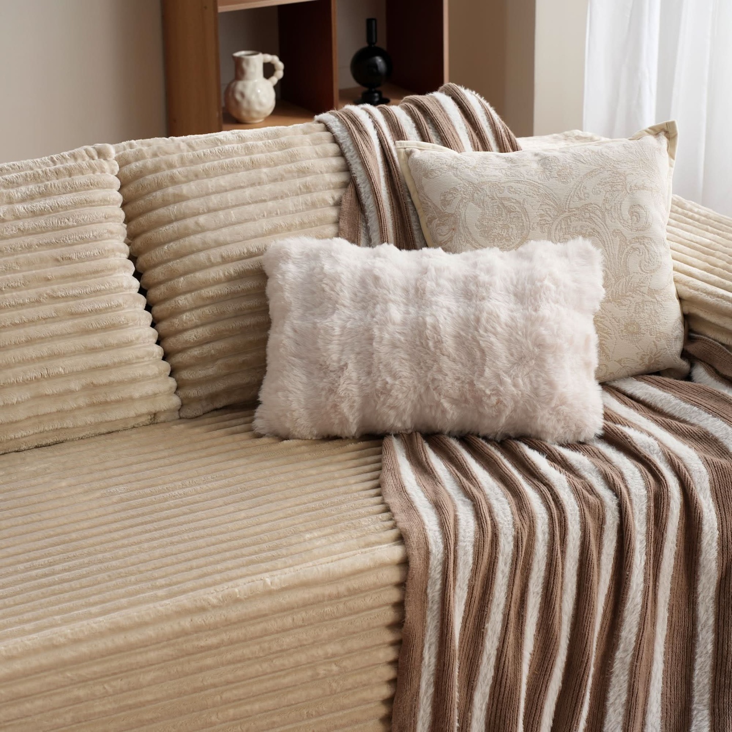 OVthtIOS 104" L-Shape Modular Couch with Chaise, Plush Corduroy Fabric, No Assembly Required