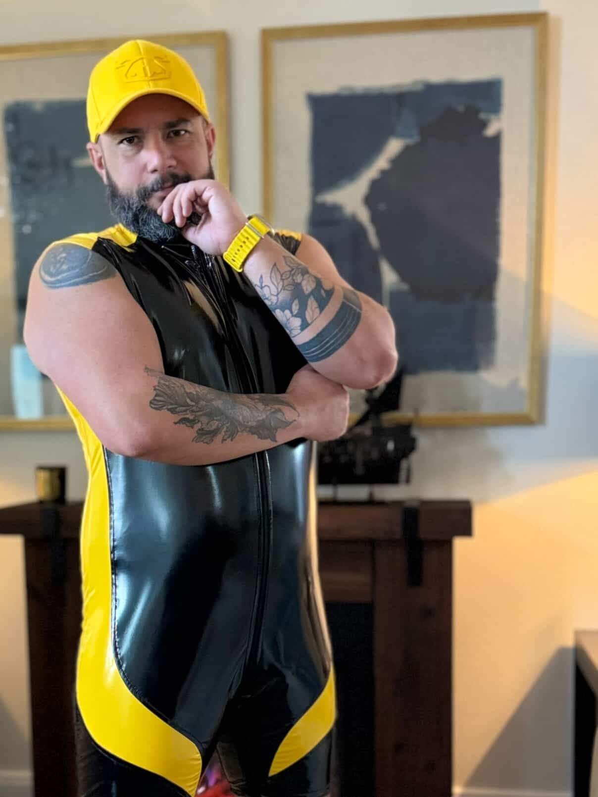 Mysteryglove Men’s High-Neck PU Singlet Bodysuit – Glossy Black with Yellow Accents