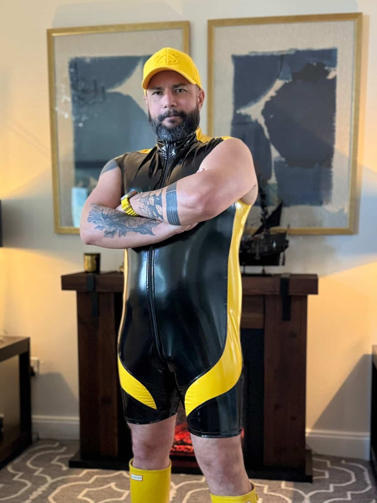 Mysteryglove Men’s High-Neck PU Singlet Bodysuit – Glossy Black with Yellow Accents